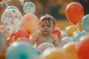 Baby Enjoying Floating Balloons in a Park with a Cheerful and Fun Atmosphere photo