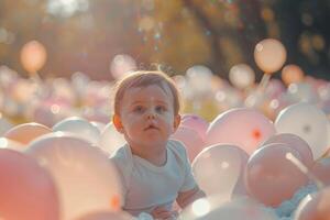 Baby Surrounded by Floating Balloons in a Park with a Delightful and Playful Vibe photo