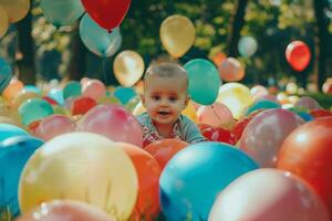Baby Surrounded by Floating Balloons in a Lush Park  with a Joyful Mood photo