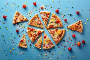 Cheerful Pizza Slices Arranged in a Smiley Face with  Toppings Background photo