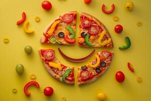 Delightful Pizza Slices Shaped into a Smiley Face with  Toppings and Fresh Ingredients Background photo