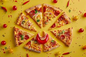 Playful Pizza Slices Forming a Smiley Face with Whimsical Toppings and Fresh Ingredients Background photo