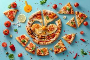 Joyful Pizza Slices Arranged in a Smiley Face with  Toppings and Fresh Ingredients Background photo