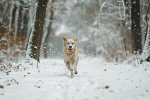 Energetic Dog Running Through Snow Covered Forest with Falling Snowflakes Background photo