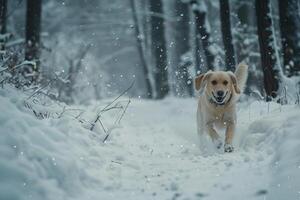 Playful Dog Running in Snowy Forest with Falling Snowflakes Background photo