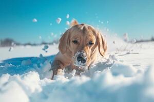 Joyful Dog Playing in Deep Snow Under a Blue Winter Sky Background photo