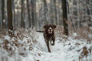 Energetic Dog Frolicking in Freshly Fallen Snow in a Forest Background photo