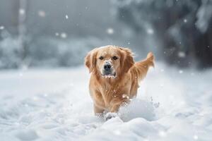Happy Dog Playing in Field of Untouched Snow with Snowy Trees Background photo