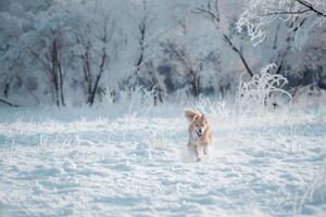 Joyful Dog Playing in a Snowy Field with Untouched Snow and Trees Background photo