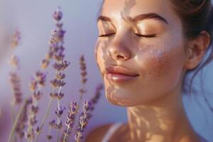 Portrait of Woman with Glowing Skin and Lavender Background photo