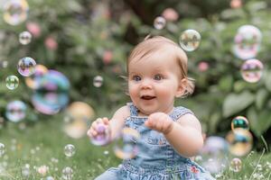 Baby Playing with Bubbles in Garden Joyful and photo