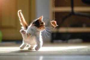 Calico Cat Batting at Dangling Toy Mouse Playful Interaction photo
