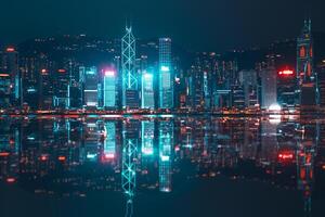 Neon Lit  Skyline of Hong Kong Reflected in Victoria Harbour During the Night photo