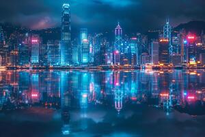 Illuminated Hong Kong Skyline with Neon Lights Reflecting in Victoria Harbour at Night photo