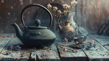 Vintage cast iron teapot with traditional Asian herbal tea. photo