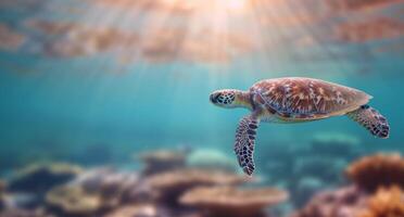 Sea Turtle Swimming Gracefully Above Coral Reef In Clear Tropical Waters photo