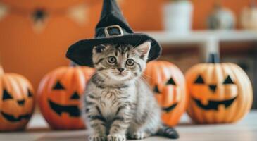 Cute Kitten in Halloween Party Setting With Pumpkins and Decorations in Autumn photo