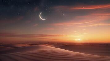 Crescent Moon Over Serene Desert Landscape at Dusk photo