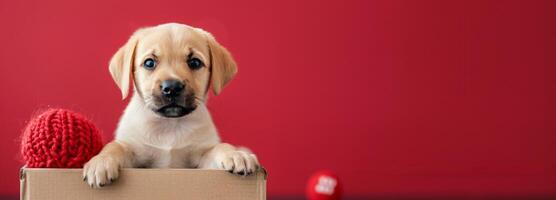 Adorable Puppy Peeking From Cardboard Box Against Bright Red Background photo