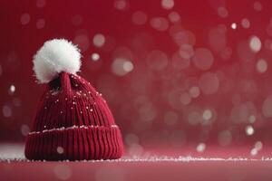 Red Winter Hat With Pom Pom Surrounded by Snowflakes in Cozy Indoor Setting photo
