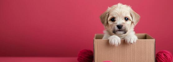 Adorable Puppy Peeking From Cardboard Box Against Bright Red Background photo