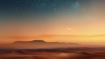 Crescent Moon Over Serene Desert Landscape at Dusk photo