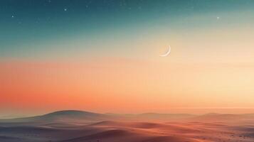 Crescent Moon Over Serene Desert Landscape at Dusk photo