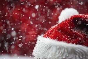 Red Winter Hat With Pom Pom Surrounded by Snowflakes in Cozy Indoor Setting photo