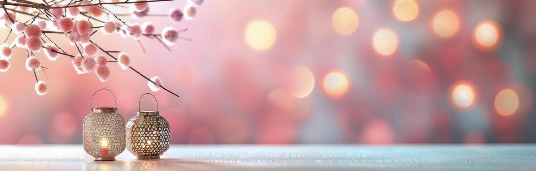 Sparkling Lanterns With Decorative Branches Against a Soft Bokeh Background photo
