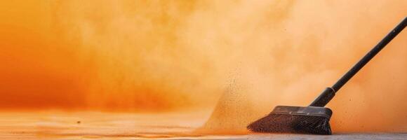Dust Removal With Broom Against Vibrant Orange Background During Cleaning Process photo