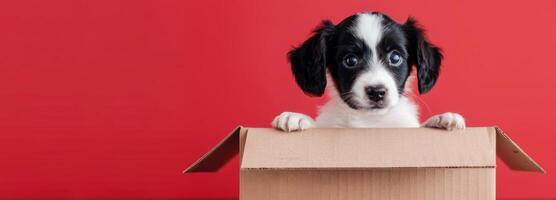 Adorable Puppy Peeking From Cardboard Box Against Bright Red Background photo