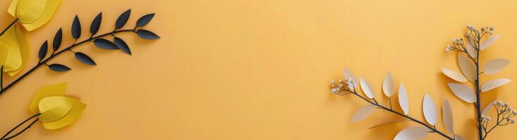 Decorative Brown Leaves Arranged on Yellow Background in Autumn Style photo