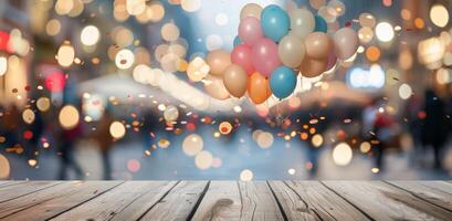 Colorful Balloons Floating Above Busy Street During Festive Evening Celebration photo