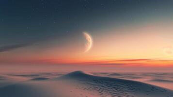 Crescent Moon Over Serene Desert Landscape at Dusk photo