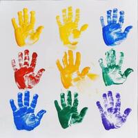 Colorful Handprints on White Background photo