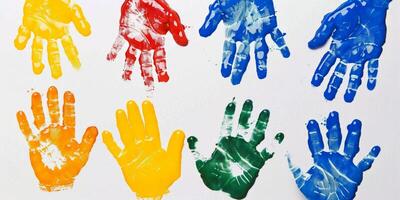Colorful Handprints on White Background photo
