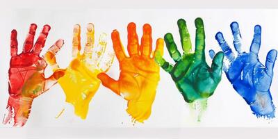 Colorful Handprints on White Background photo