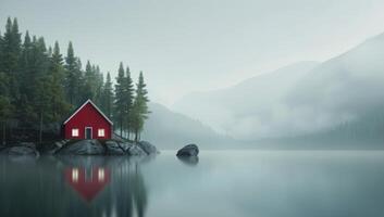 Red Cabin by a Norwegian Lake photo