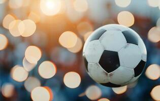 Soccer Ball in Goal Net at Sunset photo
