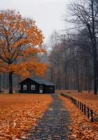 Autumn Leaves and a Distant Cabin photo