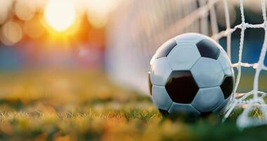 Soccer Ball in Goal Net at Sunset photo