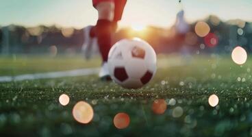 Soccer Ball On Field At Sunset photo