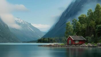 Red Cabin by a Norwegian Lake photo