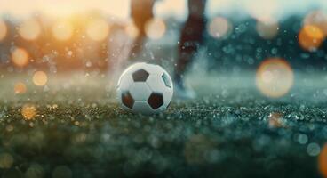 Soccer Ball On Field At Sunset photo