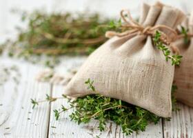 Thyme Plant in Burlap Sack on White Table photo