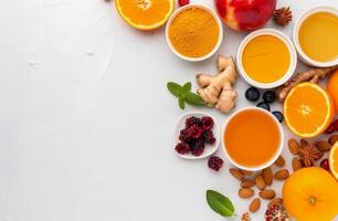 Citrus Fruits, Berries, and Honey on White Background photo