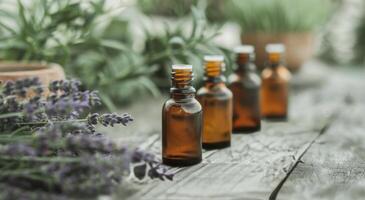 Essential Oils on Wooden Surface photo