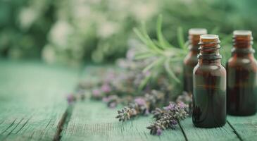 Essential Oils on Wooden Surface photo