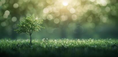 Lone Tree in Misty Field at Dawn photo