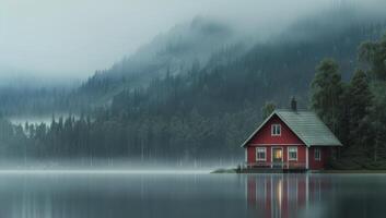 Red Cabin on Foggy Lake photo